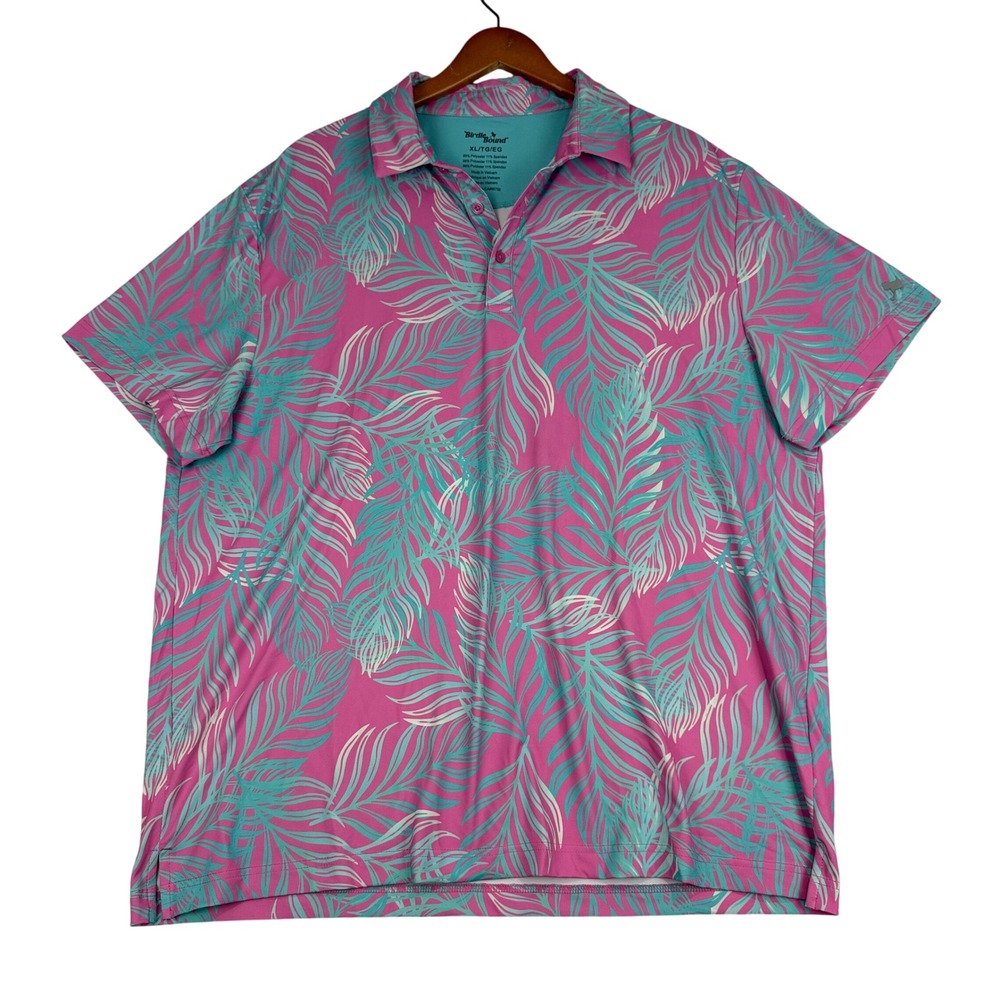 Birdie Bound Golf Polo Shirt Men's XL Stretch Performance‎ Blue Pink Tropical